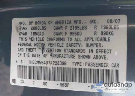 2007 Honda Accord 2.4 Lx from USA, damaged, VIN 1HGCM55407A224398